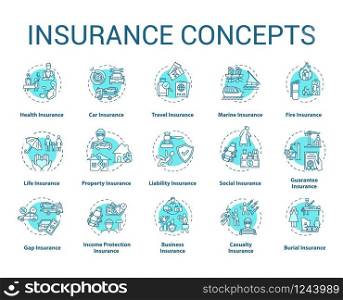 Insurance concept icons set. Protection from financial loss. Social coverage. Risk management idea thin line RGB color illustrations. Vector isolated outline drawings. Editable stroke
