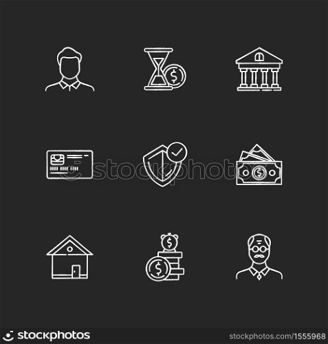 Insurance coverage chalk white icons set on black background. Guaranteed protection. Money claim. Cash for car. Credit card. Increase in fund over time. Isolated vector chalkboard illustrations. Insurance coverage chalk white icons set on black background