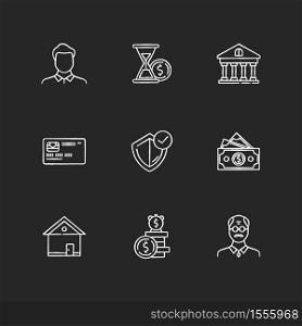 Insurance coverage chalk white icons set on black background. Guaranteed protection. Money claim. Cash for car. Credit card. Increase in fund over time. Isolated vector chalkboard illustrations. Insurance coverage chalk white icons set on black background