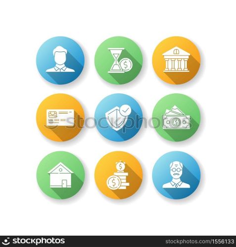 Insurance coverage flat design long shadow glyph icons set. Guaranteed protection. Deposit policy. Banking service. Credit card. Increase in fund over time. Silhouette RGB color illustration. Insurance coverage flat design long shadow glyph icons set
