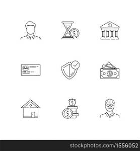 Insurance coverage linear icons set. Guaranteed protection. Money claim. Cash for car. Deposit policy. Customizable thin line contour symbols. Isolated vector outline illustrations. Editable stroke. Insurance coverage linear icons set