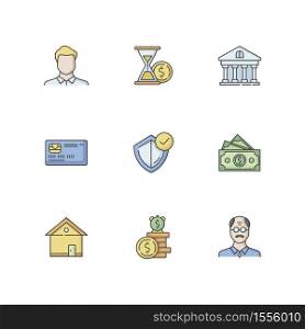 Insurance coverage RGB color icons set. Guaranteed protection. Money claim. Cash for car. Deposit policy. Banking service. Credit card. Increase in fund over time. Isolated vector illustrations. Insurance coverage RGB color icons set