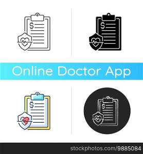 Insurance data icon. Health insurance coverage. Paying for expenses, prescription drugs. Protection from high medical costs. Linear black and RGB color styles. Isolated vector illustrations. Insurance data icon