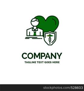 insurance, family, home, protect, heart Flat Business Logo template. Creative Green Brand Name Design.