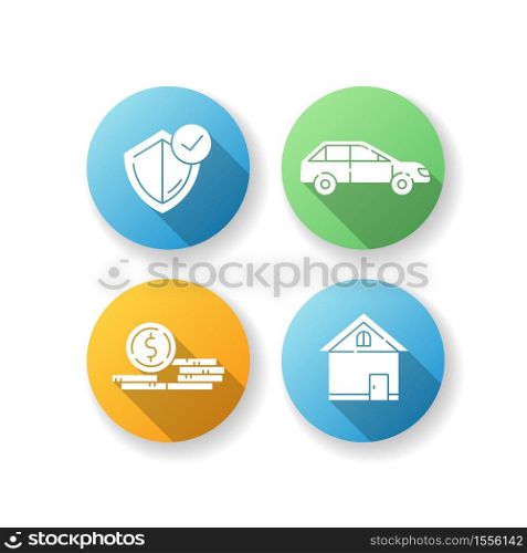 Insurance flat design long shadow glyph icons set. Money claim. General coverage policy. Risk management service for property. Cash for car. Legal control. Silhouette RGB color illustration. Insurance flat design long shadow glyph icons set