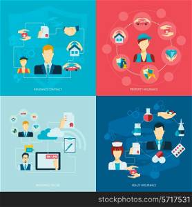 Insurance flat icons set with contract property online health care symbols isolated vector illustration.