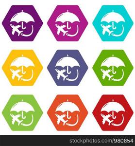 Insurance fly icons 9 set coloful isolated on white for web. Insurance fly icons set 9 vector
