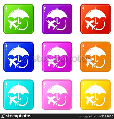 Insurance fly icons set 9 color collection isolated on white for any design. Insurance fly icons set 9 color collection