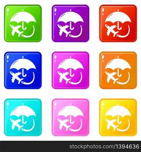 Insurance fly icons set 9 color collection isolated on white for any design. Insurance fly icons set 9 color collection