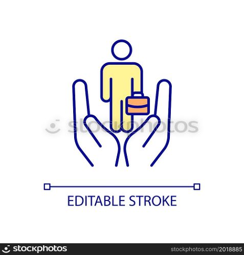 Insurance for employee RGB color icon. Protection policy for workers. Human resources. Work and business management. Isolated vector illustration. Simple filled line drawing. Editable stroke. Insurance for employee RGB color icon