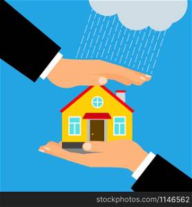 Insurance for home vector illustration. Hands holding and covering house building. Insurance for home