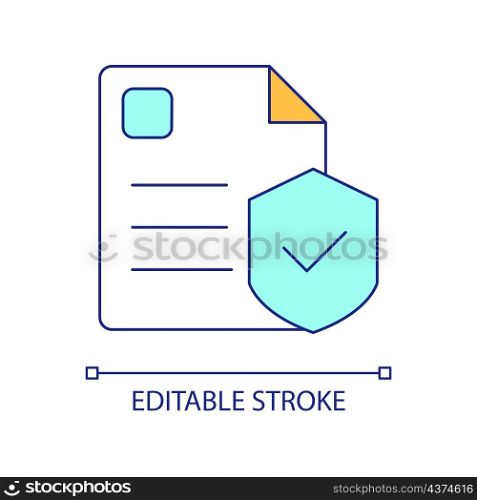 Insurance guarantee RGB color icon. Coverage contract. Paperwork for business deal, guarantee claim. Isolated vector illustration. Simple filled line drawing. Editable stroke. Arial font used. Insurance guarantee RGB color icon