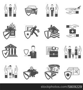 Insurance hand and shield black and white flat icon set isolated vector illustration. Insurance flat icon set