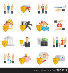 Insurance hand and shield multicolored flat icon set isolated vector illustration. Insurance multicolored flat icon set