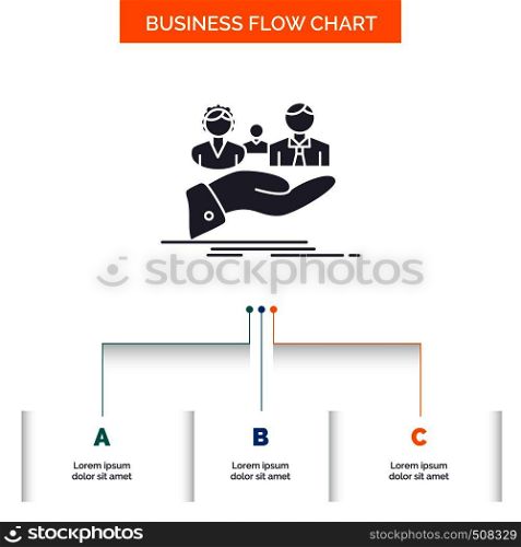 insurance, health, family, life, hand Business Flow Chart Design with 3 Steps. Glyph Icon For Presentation Background Template Place for text.. Vector EPS10 Abstract Template background