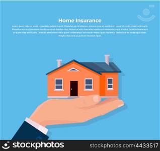 Insurance Home Concept. House insurance. Insurance agent keeps the house on the palm and buyer gives the money dollars. Vector illustration