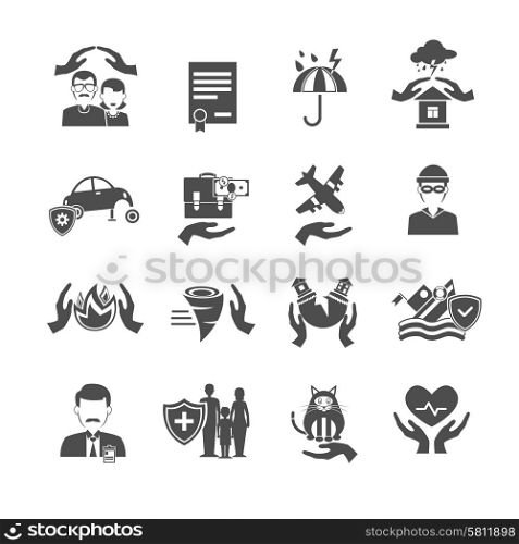 Insurance icons black set with family health property and finance protection symbols isolated vector illustration. Insurance Icons Black Set