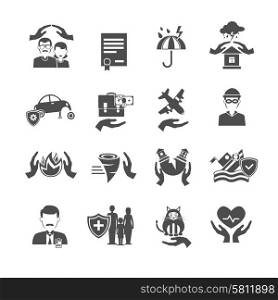 Insurance icons black set with family health property and finance protection symbols isolated vector illustration. Insurance Icons Black Set