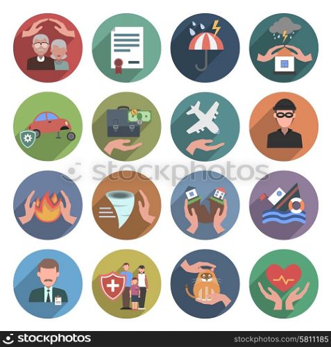 Insurance icons flat set with natural disasters health and property protection symbols isolated vector illustration. Insurance Icons Flat Set