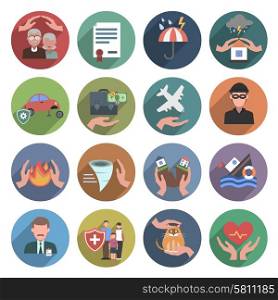 Insurance icons flat set with natural disasters health and property protection symbols isolated vector illustration. Insurance Icons Flat Set