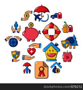 Insurance icons set. Cartoon illustration of 16 insurance vector icons for web. Insurance icons set, cartoon style