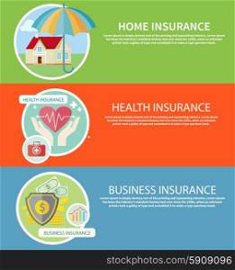 Insurance icons set concepts of home insurance, health insurance, business risk insurance. Concepts in flat design