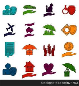 Insurance icons set. Doodle illustration of vector icons isolated on white background for any web design. Insurance icons doodle set