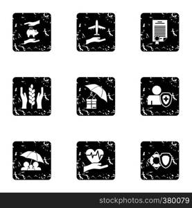 Insurance icons set. Grunge illustration of 9 insurance vector icons for web. Insurance icons set, grunge style