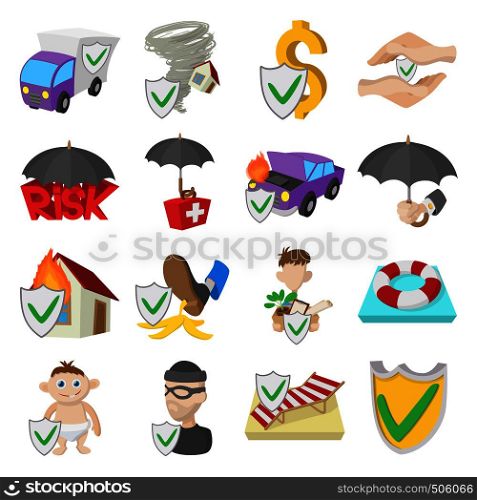 Insurance icons set in cartoon style isolated on white. Insurance icons set, cartoon style