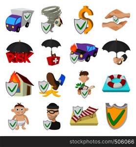Insurance icons set in cartoon style isolated on white. Insurance icons set, cartoon style