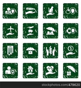 Insurance icons set in grunge style green isolated vector illustration. Insurance icons set grunge