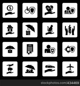 Insurance icons set in white squares on black background simple style vector illustration. Insurance icons set squares vector