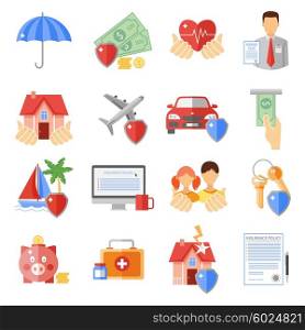 Insurance Icons Set . Insurance icons set with house transport and life safety symbols flat isolated vector illustration
