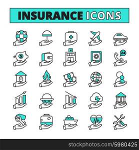 Insurance Icons Set . Insurance line icons set with property transport and life safety symbols flat isolated vector illustration