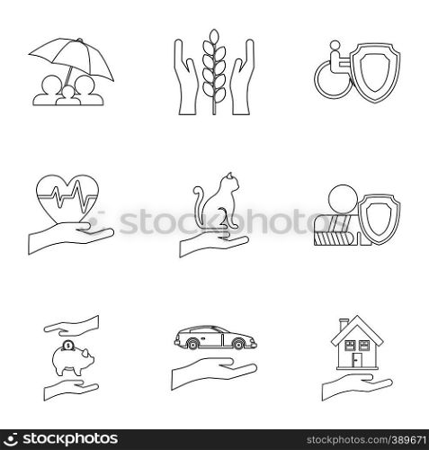 Insurance icons set. Outline illustration of 9 insurance vector icons for web. Insurance icons set, outline style