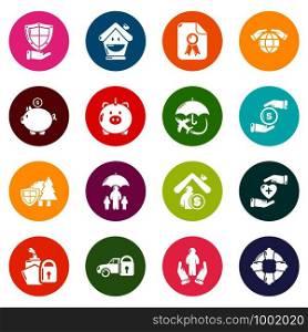 Insurance icons set vector colorful circles isolated on white background . Insurance icons set colorful circles vector