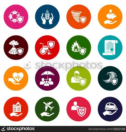 Insurance icons set vector colorful circles isolated on white background . Insurance icons set colorful circles vector