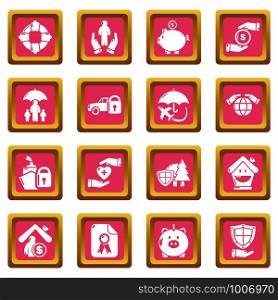 Insurance icons set vector pink square isolated on white background . Insurance icons set pink square vector