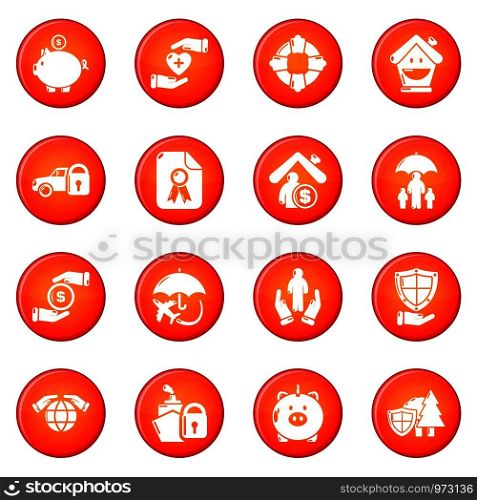 Insurance icons set vector red circle isolated on white background . Insurance icons set red vector