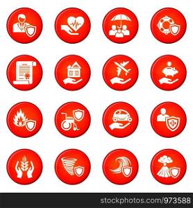 Insurance icons set vector red circle isolated on white background . Insurance icons set red vector