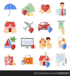 Insurance icons set with house transport and life safety symbols flat isolated vector illustration . Insurance Icons Set