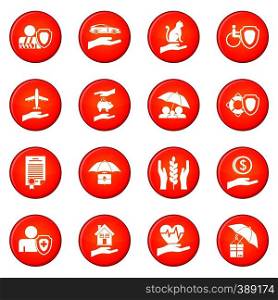 Insurance icons vector set of red circles isolated on white background. Insurance icons vector set