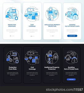 Insurance importance day and night theme onboarding mobile app screen. Walkthrough 4 steps graphic instructions pages with linear concepts. UI, UX, GUI template. Myriad Pro-Bold, Regular fonts used. Insurance importance day and night theme onboarding mobile app screen