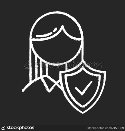 Insurance industry chalk icon. Life and health protection. Safety and security guarantee. Woman with shield. Medical assurance. Risk and danger regulation. Isolated vector chalkboard illustration