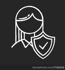 Insurance industry chalk icon. Life and health protection. Safety and security guarantee. Woman with shield. Medical assurance. Risk and danger regulation. Isolated vector chalkboard illustration