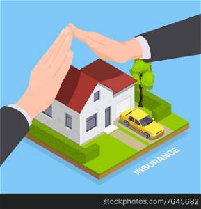 Insurance isometric composition with image of private house with agents hands protecting property with editable text vector illustration