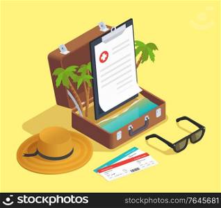 Insurance isometric composition with images of flight tickets and travel case with palm trees and contract vector illustration
