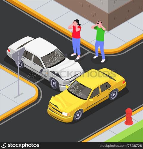 Insurance isometric composition with road intersection outdoor scenery and collision of cars with shocked driver characters vector illustration
