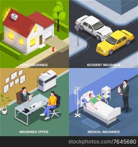 Insurance isometric design concept with set of square compositions with agents office hospital and sudden accidents vector illustration