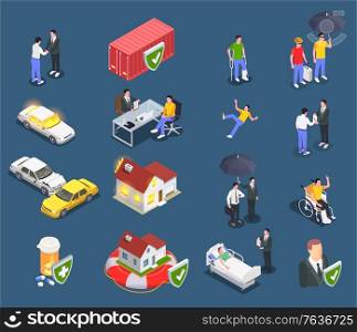 Insurance isometric set of conceptual icons and images of damaged property health and characters of agents vector illustration